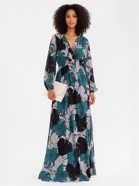 Teal Tropical Leaf Print Maxi Dress with Smocked Waist and Long Sleeves